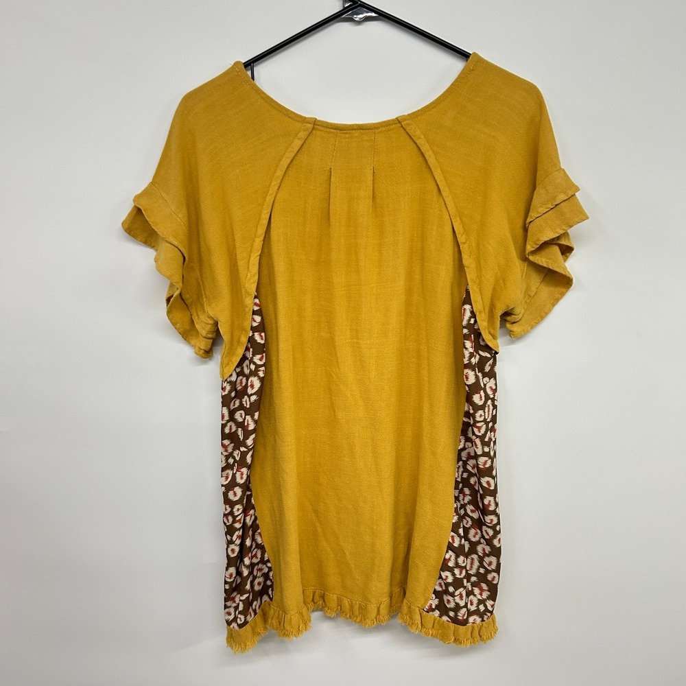 Boho Linen Blend Fringe Tunic Top Small Mustard Earthy Artsy Lagenlook Indie‎ - Picture 7 of 9